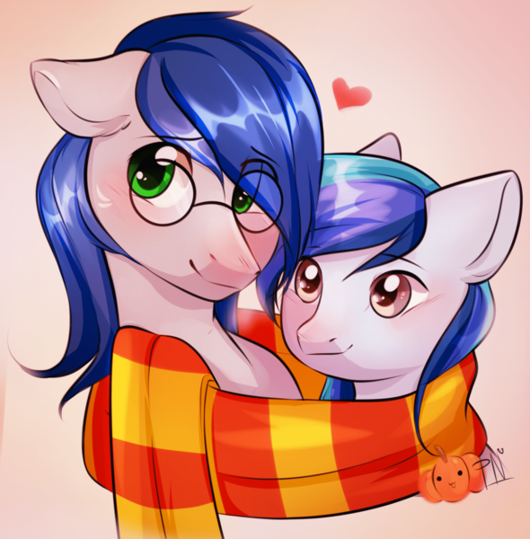 Size: 1920x1952 | Tagged: safe, artist:pledus, derpibooru import, oc, unofficial characters only, pony, blushing, clothes, commission, duo, female, glasses, heart, image, male, oc x oc, png, scarf, shipping, straight