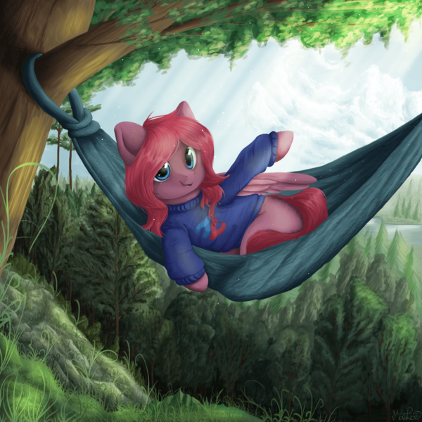 Size: 1920x1920 | Tagged: safe, artist:pledus, derpibooru import, oc, unofficial characters only, pegasus, pony, clothes, commission, female, forest, hammock, image, open mouth, pegasus oc, png, scenery, snow, solo, sweater, tree, wings