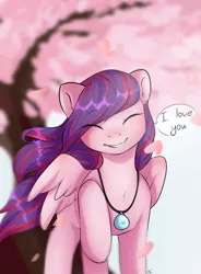 Size: 1920x2610 | Tagged: safe, artist:pledus, derpibooru import, oc, unofficial characters only, pegasus, pony, commission, eyes closed, female, i love you, image, jewelry, necklace, pegasus oc, png, raised hoof, smiling, solo, tree, wings