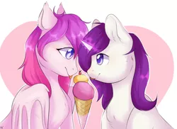 Size: 1920x1401 | Tagged: safe, artist:pledus, derpibooru import, oc, bat pony, pony, unicorn, bat pony oc, bat wings, duo, eye contact, female, food, glow, glowing horn, heart, horn, ice cream, ice cream cone, image, lesbian, looking at each other, looking at someone, magic, oc x oc, png, shipping, telekinesis, tongue out, unicorn oc, wings