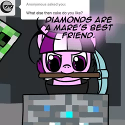 Size: 800x800 | Tagged: safe, artist:thedragenda, derpibooru import, oc, oc:ace, earth pony, pony, ask-acepony, creeper, female, image, mare, minecraft, mouth hold, pickaxe, png, solo