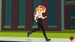 Size: 2883x1619 | Tagged: safe, artist:jcpreactyt, derpibooru import, sunset shimmer, equestria girls, clothes, image, jogging, morning, pants, png, running, school, sweater