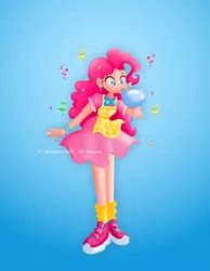 Size: 4277x5500 | Tagged: safe, artist:wenraz, derpibooru import, pinkie pie, human, absurd resolution, apron, balloon, blowing up balloons, blue background, bow, bowtie, bracelet, clothes, confetti, cute, diapinkes, ear piercing, earring, female, humanized, image, jewelry, piercing, png, shirt, shoes, simple background, skirt, sneakers, socks, solo, t-shirt, wristband