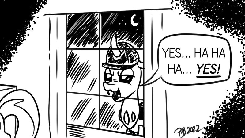 Size: 1200x675 | Tagged: safe, artist:pony-berserker, derpibooru import, oc, oc:berzie, changedling, changeling, pony, changedling oc, changeling oc, clothes, curtains, hard hat, hat, image, jpeg, monochrome, offscreen character, parody, pony-berserker's twitter sketches, pony-berserker's twitter sketches (2022), window