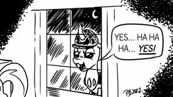 Size: 1200x675 | Tagged: safe, artist:pony-berserker, derpibooru import, oc, oc:berzie, changedling, changeling, pony, changedling oc, changeling oc, clothes, curtains, hard hat, hat, image, jpeg, monochrome, offscreen character, parody, pony-berserker's twitter sketches, pony-berserker's twitter sketches (2022), window