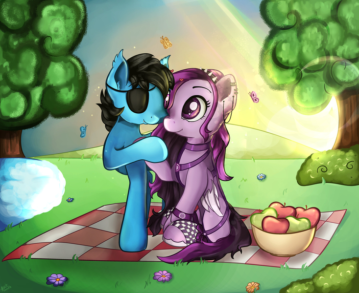 Size: 1280x1048 | Tagged: safe, artist:appleneedle, derpibooru import, oc, bat pony, butterfly, insect, pegasus, pony, art, character, digital, draw, drawing, fanart, flower, holiday, image, jpeg, love, nature, paint, painting, park, pond, romance, tree, valentine, valentine's day, water