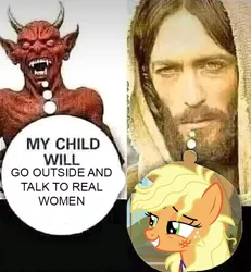 Size: 680x736 | Tagged: safe, derpibooru import, applejack, earth pony, human, pony, female, image, jesus christ, male, mare, meme, png, satan, speech bubble