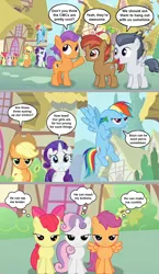Size: 1150x1976 | Tagged: safe, artist:silverbuller, derpibooru import, apple bloom, applejack, button mash, rainbow dash, rarity, rumble, scootaloo, sweetie belle, tender taps, earth pony, pegasus, pony, unicorn, applejack's hat, bedroom eyes, colt, comic, cowboy hat, crossed hooves, cutie mark crusaders, dialogue, female, filly, floppy ears, flying, foal, frown, grin, gritted teeth, hat, hooves, horn, house, image, looking at someone, male, mare, open mouth, open smile, png, ponyville, raised hoof, rumbloo, shadow, shipping, small wings, smiling, speech bubble, spread wings, standing, straight, sweetiemash, tail, tenderbloom, thought bubble, two toned mane, two toned tail, wall of tags, wings