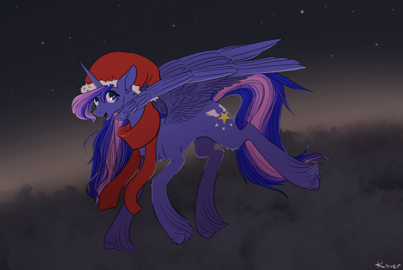 Size: 3500x2347 | Tagged: safe, artist:rover, artist:rrrover, derpibooru import, oc, alicorn, pony, christmas, cloud, dark, hat, holiday, image, night, png, santa hat, sky, solo