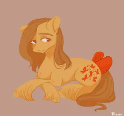 Size: 1285x1200 | Tagged: safe, artist:rover, artist:rrrover, derpibooru import, fluttershy, earth pony, pony, brown background, butterscotch, g1, image, jpeg, looking at you, lying down, male, prone, rule 63, signature, simple background, smiling, smiling at you, solo, stallion, vintage
