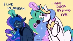 Size: 1920x1080 | Tagged: safe, artist:lrusu, derpibooru import, princess celestia, princess luna, alicorn, pony, image, jpeg, karaoke, luna is not amused, microphone, singing, unamused, vulgar