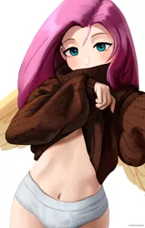 Size: 1910x3000 | Tagged: suggestive, artist:mrscroup, derpibooru import, fluttershy, human, belly button, clothes, humanized, image, jpeg, panties, sweater, sweatershy, underwear, white underwear, winged humanization, wings