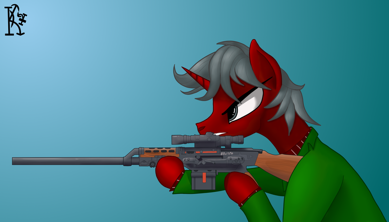 Size: 3500x2000 | Tagged: safe, derpibooru import, oc, pony, unicorn, angry, blue background, gray eyes, green coat, grey hair, gun, image, png, red fur, simple background, solo, weapon, wolfenstein