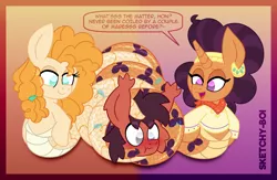 Size: 4600x3000 | Tagged: safe, artist:snakeythingy, derpibooru import, pear butter, saffron masala, oc, oc:sketchy dupe, lamia, original species, snake, snake pony, blushing, coiling, coils, gradient background, image, lamiafied, png, species swap