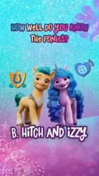 Size: 750x1334 | Tagged: safe, derpibooru import, official, hitch trailblazer, izzy moonbow, earth pony, pony, unicorn, my little pony: a new generation, 2d, 3d, confident, cutie mark, g5, image, instagram, instagram story, jpeg, looking at you, quiz, smiling, smiling at you, smug