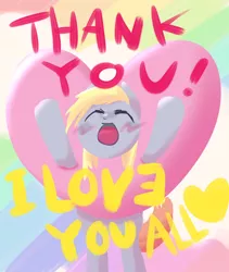 Size: 1728x2048 | Tagged: safe, artist:_grouch_, derpibooru import, derpy hooves, pegasus, pony, blushing, female, heart, i love you, image, jpeg, mare, rainbow background, solo, thank you