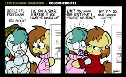 Size: 1024x627 | Tagged: safe, artist:bobthedalek, derpibooru import, oc, oc:bubble pump, oc:clippy ticket, unofficial characters only, earth pony, pegasus, pony, comic:trottingham transport, clothes, ear piercing, earring, hat, image, jewelry, jpeg, lockers, piercing, sweater