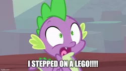Size: 800x450 | Tagged: safe, derpibooru import, edit, edited screencap, screencap, spike, dragon, sweet and smoky, caption, image, image macro, imgflip, jpeg, lego, male, ouch, solo, text, winged spike, wings