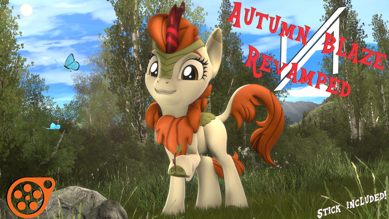 Size: 3840x2160 | Tagged: safe, artist:dongly12, derpibooru import, autumn blaze, butterfly, insect, kirin, 3d, autumn blaze's puppet, female, forest, high res, image, nature, png, poster, revamped ponies, solo, source filmmaker, source filmmaker resource, stick, tree