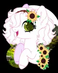 Size: 1000x1250 | Tagged: safe, artist:kimio666, derpibooru import, oc, unofficial characters only, earth pony, pony, black background, bust, ear fluff, earth pony oc, female, flower, flower in hair, image, jpeg, mare, open mouth, simple background, smiling, solo, sunflower