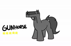 Size: 1038x669 | Tagged: safe, artist:neuro, oc, ponified, unofficial characters only, gun pony, object pony, original species, pony, unicorn, gun, horn, image, jpeg, simple background, solo, stars, text, weapon, white background
