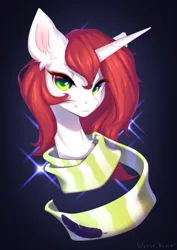 Size: 1923x2720 | Tagged: safe, artist:vincher, derpibooru import, oc, unofficial characters only, pony, unicorn, clothes, disembodied head, feather, green eyes, high res, horn, image, jpeg, long horn, looking at you, scarf, signature, smiling, smiling at you, solo