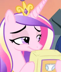 Size: 508x600 | Tagged: safe, derpibooru import, edit, screencap, princess cadance, season 4, three's a crowd, diaper package, image, jpeg, smug