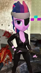 Size: 900x1600 | Tagged: safe, alternate version, artist:oatmeal!, derpibooru import, twilight sparkle, human, undead, zombie, equestria girls, it's about time, 3d, alternate hairstyle, blood, breasts, cleavage, eyepatch, future twilight, gmod, gun, half-life, headband, humanized, image, png, scar, shotgun, skintight clothes, solo, weapon
