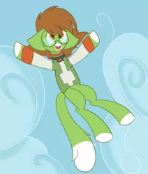 Size: 1699x1999 | Tagged: safe, artist:derpy_the_duck, derpibooru import, oc, oc:pidge, earth pony, clothes, falling, glasses, image, png, sky, solo, superhero, tail