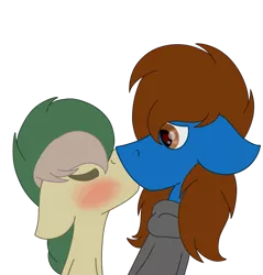 Size: 1279x1337 | Tagged: safe, artist:derpy_the_duck, derpibooru import, oc, oc:derp, oc:red feather, earth pony, blushing, clothes, image, kissing, png, simple background, sweater, transparent background, wingding eyes
