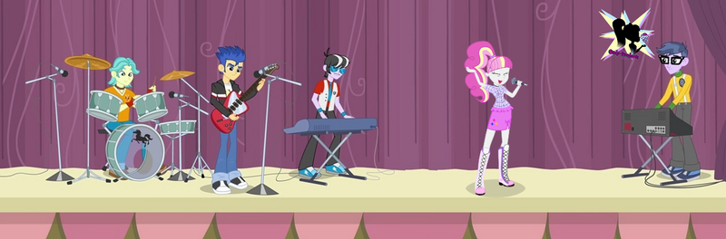 Size: 1280x423 | Tagged: safe, artist:onlymeequestrian, derpibooru import, brawly beats, flash sentry, microchips, ringo, oc, oc:brightfull flux, equestria girls, drums, electric guitar, equestria girls-ified, female, guitar, image, keyboard, male, microphone, musical instrument, png, stage