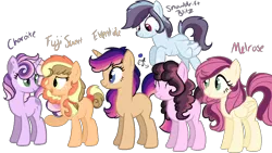 Size: 1280x720 | Tagged: safe, artist:magicalforestbackwar, derpibooru import, oc, oc:boysenberry shortcake, oc:chaorite, oc:eventide, oc:fuji sweet, oc:melrose, oc:snowdrift blitz, unofficial characters only, dracony, dragon, earth pony, hybrid, pegasus, pony, unicorn, female, image, interspecies offspring, mare, next generation, offspring, parent:applejack, parent:big macintosh, parent:caramel, parent:cheese sandwich, parent:flash sentry, parent:fluttershy, parent:pinkie pie, parent:rainbow dash, parent:rarity, parent:soarin', parent:spike, parent:twilight sparkle, parents:carajack, parents:cheesepie, parents:flashlight, parents:fluttermac, parents:soarindash, parents:sparity, png, simple background, transparent background