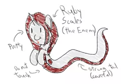 Size: 600x400 | Tagged: safe, artist:mightyshockwave, derpibooru import, oc, oc:ruby scales, unofficial characters only, lamia, original species, crayon, crayon drawing, cute, drawing, image, png, text, traditional art