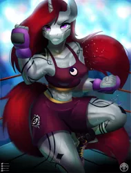 Size: 2249x2954 | Tagged: safe, artist:drawmaara, derpibooru import, oc, oc:selune darkeye, unofficial characters only, anthro, plantigrade anthro, unicorn, abs, body markings, boxing, boxing glove, boxing gloves, boxing ring, boxing shorts, commission, cutie mark, female, flowing hair, flowing mane, flowing tail, horn, image, lights, looking at you, markings, moon, muscles, muscular female, png, redhead, smiling, smiling at you, solo, solo female, sports, sweat, tail, unicorn oc