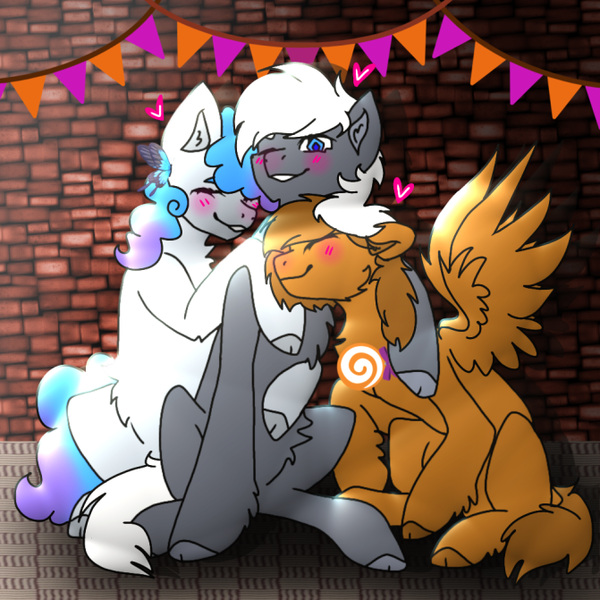 Size: 671x671 | Tagged: safe, artist:fruscha_pear, derpibooru import, oc, oc:mazz, oc:steam hooves, earth pony, pegasus, pony, blushing, candy, commission, cuddling, eyelashes, food, friends, gay, image, lollipop, male, males only, nuzzling, png, sitting, stallion, stallion on stallion, trio male, wholesome