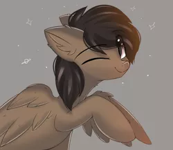 Size: 2859x2480 | Tagged: safe, artist:janelearts, derpibooru import, oc, oc:mazz, pegasus, pony, commission, cute, ear fluff, image, male, one eye closed, png, raised hoof, smiling, solo, stallion, wings, wink