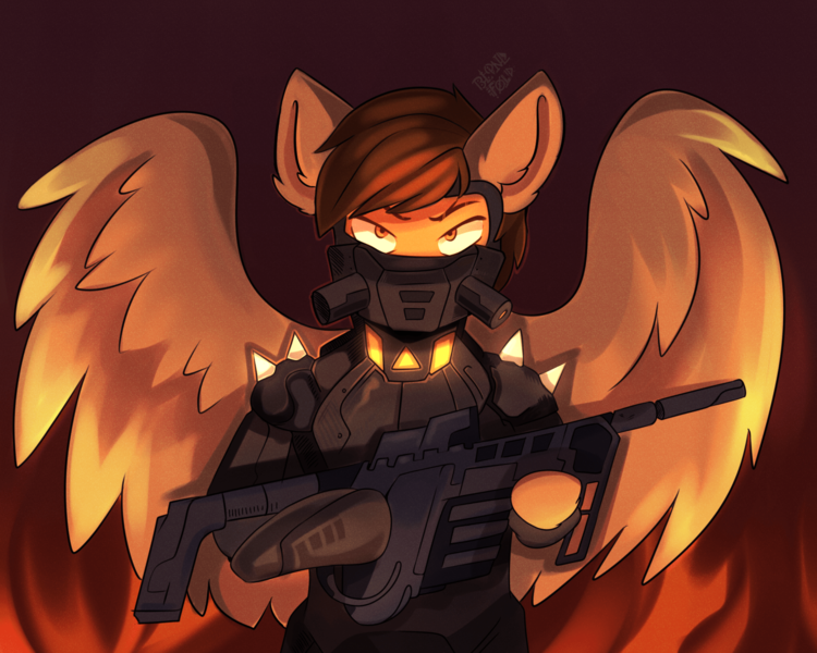 Size: 1920x1536 | Tagged: questionable, artist:freak_side_inc, derpibooru import, oc, oc:mazz, pegasus, pony, robot, armor, commission, fire, glow, gun, image, male, png, serious, serious face, solo, spikes, stallion, weapon