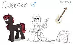 Size: 1400x868 | Tagged: safe, artist:beefgummies, derpibooru import, oc, oc:sweeden, pegasus, pony, amplifier, cutie mark, guitar, image, lazy background, looking at you, male, monochrome, musical instrument, playing instrument, png, red mane, reference sheet, solo, stallion, thick eyebrows, wing hands, wings