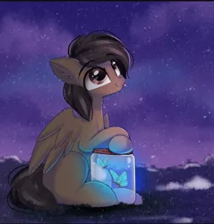 Size: 1078x1126 | Tagged: safe, artist:janelearts, derpibooru import, oc, oc:mazz, butterfly, insect, pegasus, pony, :p, crossed hooves, cute, folded wings, glow, image, jar, jpeg, male, night, night sky, sitting, sky, solo, stallion, stars, tongue out, wings