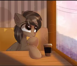 Size: 1078x922 | Tagged: safe, artist:janelearts, derpibooru import, oc, oc:mazz, pegasus, pony, bench, chocolate, coffee, coffee cup, commission, crossed hooves, cup, cute, food, hot chocolate, image, jpeg, male, sitting, smiling, solo, stallion, steam, table, thinking