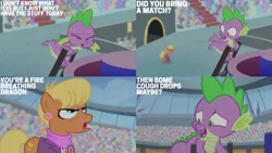 Size: 1280x720 | Tagged: safe, derpibooru import, edit, edited screencap, editor:quoterific, screencap, ms. harshwhinny, spike, dragon, earth pony, pony, equestria games (episode), season 4, duo, eyes closed, female, image, jpeg, male, mare, open mouth, open smile, shrunken pupils, smiling, sweat