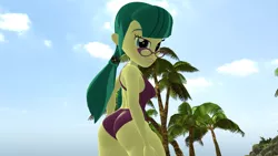 Size: 1920x1080 | Tagged: suggestive, artist:mr.uberrebu25, derpibooru import, juniper montage, equestria girls, 3d, ass, beach, beach babe, breasts, busty juniper montage, butt, clothes, hand on leg, hand on thigh, image, junibum montage, looking at you, looking back, looking back at you, one-piece swimsuit, open-back swimsuit, png, purple swimsuit, solo, swimsuit