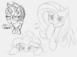 Size: 1298x953 | Tagged: safe, artist:dotkwa, derpibooru import, fluttershy, pinkie pie, pistachio, earth pony, pegasus, pony, bust, female, floppy ears, gray background, grayscale, image, mare, monochrome, png, rule 63, simple background, sketch, sketch dump, smiling, trio