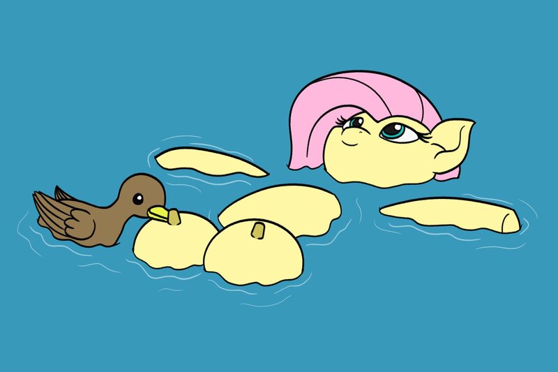 Size: 1500x1000 | Tagged: questionable, artist:mkogwheel, derpibooru import, fluttershy, bird, duck, pegasus, pony, big crotchboobs, crotchboobs, female, huge crotchboobs, image, impossibly large crotchboobs, jpeg, looking up, lying down, mare, nipple pinch, nipples, nudity, on back, partially submerged, smiling, solo, solo female, water