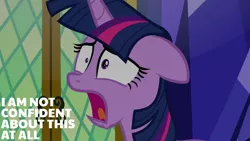Size: 1280x720 | Tagged: safe, derpibooru import, edit, edited screencap, editor:quoterific, screencap, twilight sparkle, twilight sparkle (alicorn), alicorn, pony, season 9, the beginning of the end, spoiler:s09, female, floppy ears, image, jpeg, mare, open mouth, shrunken pupils, solo, twilight's castle