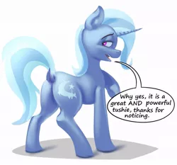 Size: 1083x1009 | Tagged: suggestive, artist:applepost67, derpibooru import, trixie, pony, unicorn, butt, colored, dialogue, dock, featureless crotch, female, image, jpeg, lidded eyes, looking at you, looking back, looking back at you, open mouth, plot, simple background, smiling, solo, solo female, tail, text, the great and powerful ass