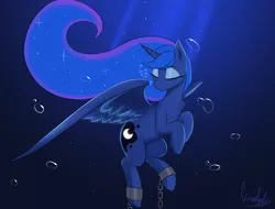 Size: 5000x3792 | Tagged: safe, artist:ccruelangel, derpibooru import, princess luna, alicorn, pony, blue background, blue mane, bubble, chains, colored pupils, crepuscular rays, cutie mark, depression, diving, ethereal mane, eyes closed, feather, female, flowing mane, high res, horn, image, mare, ocean, png, sad, signature, simple background, solo, sparkles, spread wings, starry mane, sunlight, tired, underwater, water, wings