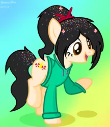 Size: 1496x1730 | Tagged: safe, artist:yulianapie26, derpibooru import, ponified, earth pony, pony, abstract background, base used, clothes, eyelashes, female, filly, foal, hoodie, image, png, smiling, solo, vanellope von schweetz, wreck-it ralph