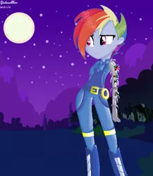 Size: 436x502 | Tagged: safe, artist:yulianapie26, derpibooru import, rainbow dash, equestria girls, alternate hairstyle, alternate timeline, amputee, apocalypse dash, armor, base used, belt, clothes, combat armor, crystal war timeline, equestria girls-ified, female, frown, full moon, image, looking offscreen, moon, mountain, night, outdoors, png, prosthetic arm, prosthetic limb, prosthetics, sad, scar, shading, show accurate, signature, solo, standing, stars, three quarter view, tree, uniform, wonderbolts, wonderbolts uniform