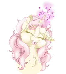 Size: 1091x1234 | Tagged: safe, artist:razledazle, derpibooru import, oc, unofficial characters only, pony, unicorn, :p, bust, chest fluff, cute, ear fluff, eyelashes, eyes closed, female, glow, glowing horn, horn, image, jpeg, mare, simple background, solo, tongue out, unicorn oc, white background